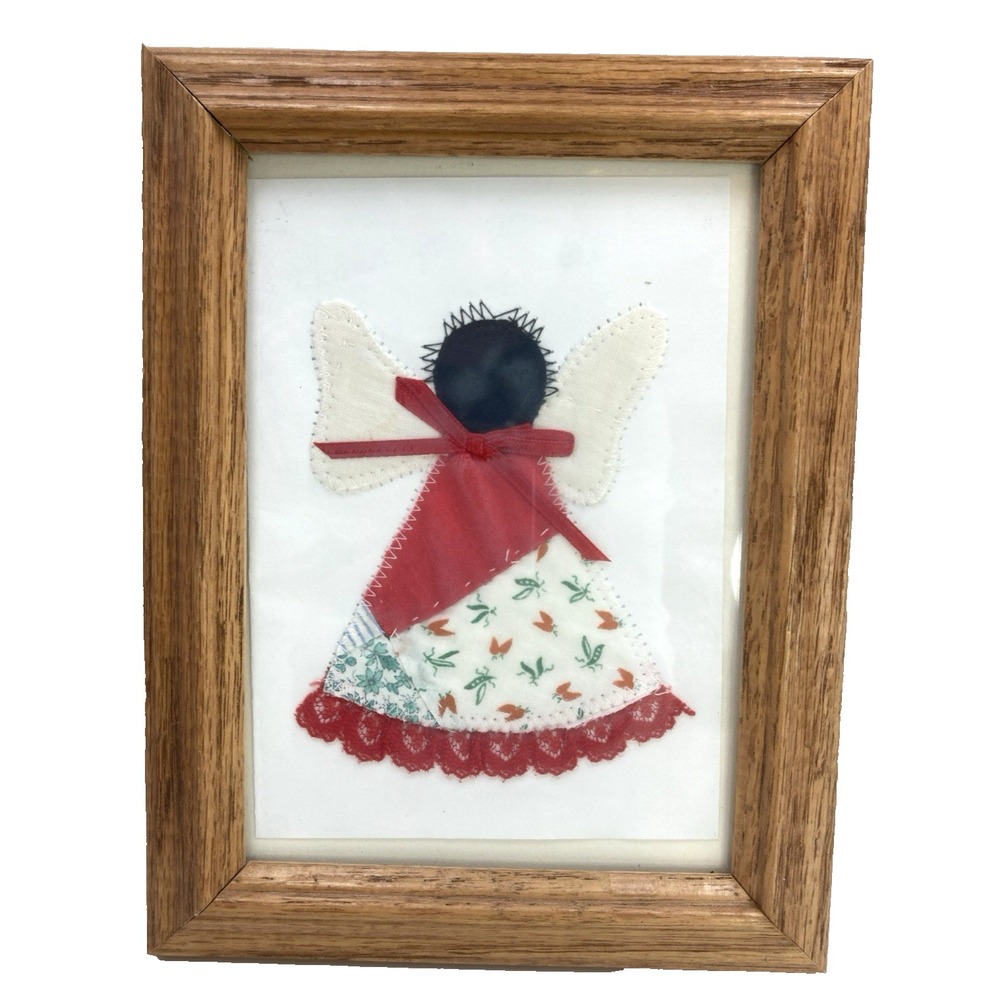 Vintage Handmade Quilted Patchwork Sewn Lace Angel Framed Folk Art 8.75" x 6.50"